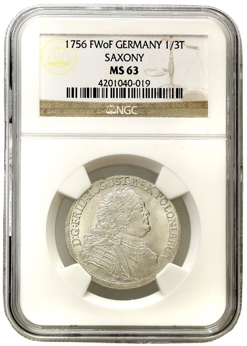 August III Sas. 1/3 Talara (1/2 Guldena) 1756, Drezno NGC MS63 (MAX) WYŚMIENITY